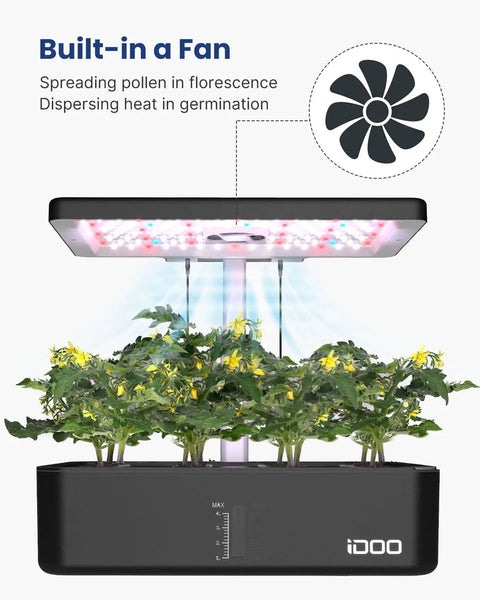 Indoor Hydroponics Grow Kit With 12 Pods, LED Grow Light And Built In Fan, showing plants under adjustable LED lights