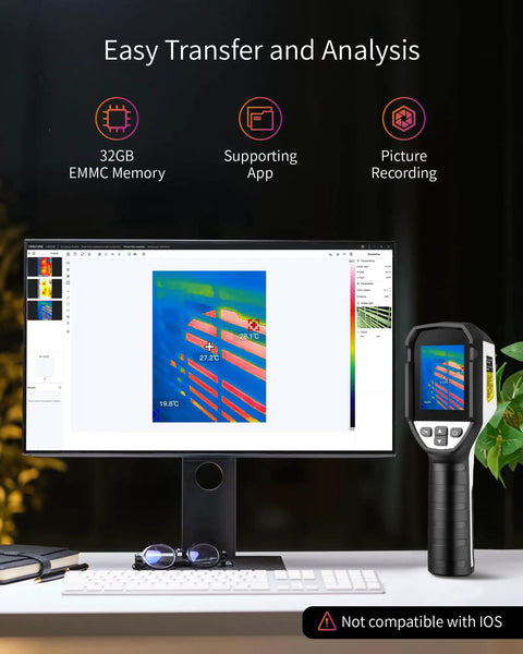 Infrared Thermal Camera FI160S With 320x240 High-Res, Laser Pointer, PC Analysis, 32GB Storage, Temperature Range From -4 to 1022 F, Temp Alerts, 25Hz Frame Rate For Electrical Inspections And Home Diagnostics, displayed next to a monitor showing thermal analysis.