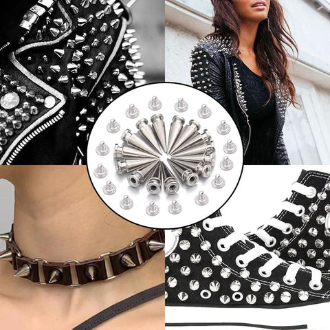 Round cone metal spike studs with screw backs; 10pcs, 7x14mm, for clothes/shoes/bags, silver-tone.