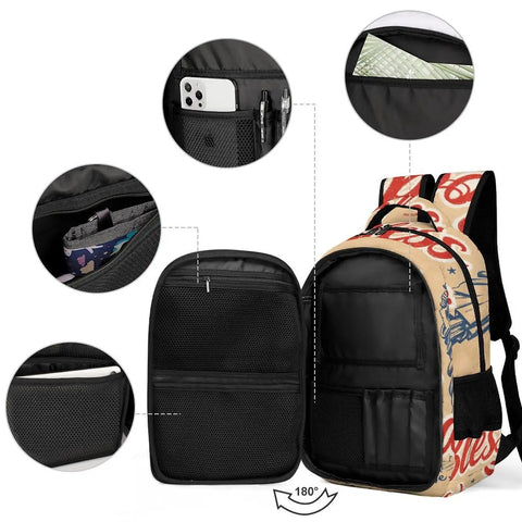 Open view of Patriotic USA Poster Print Backpack For Everyday Use with multiple compartments, durable polyester, and padded straps.