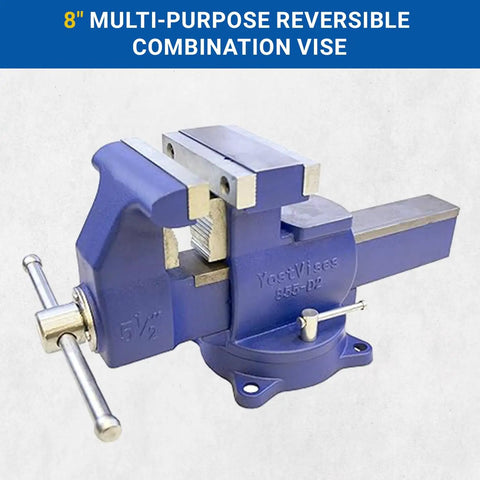Beefy Industrial Grade Reversible Vise With Five Point Five Inch Jaws Heavy Duty Ductile Iron Castings 360 Degree Swivel Base