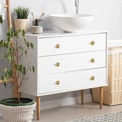 Modern dresser with 4 Pack Gold Cabinet Knobs With Round Pulls, Cool Design, Scratch Resistant Gold Finish, Easy Install, Home Use