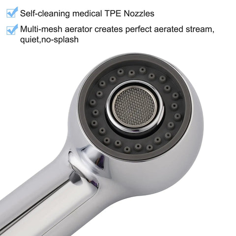 Pull Out Sink Sprayer Head Replacement With Two Spray Modes For Kitchen Faucets Fits G One Half Inch Or Thirteen Sixteenth Inch Thread Chrome Finish Standard Hose Connection Easy Upgrade with self-cleaning nozzles