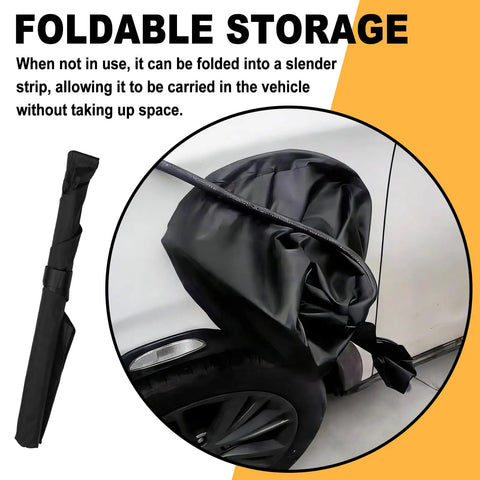 Hella Tough Universal Fit Electric Vehicle Charging Port Cover With Lock Tight Magnetic Grip folded for storage on vehicle.