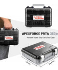 Carrying case for 357 Piece Rotary Tool Accessories Kit with dimensions and handle shown on a gray background.