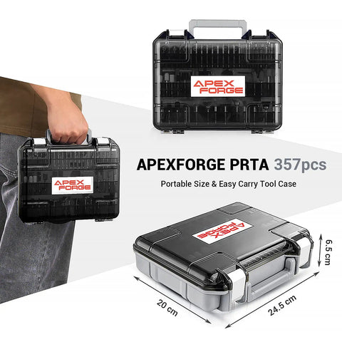 Carrying case for 357 Piece Rotary Tool Accessories Kit with dimensions and handle shown on a gray background.