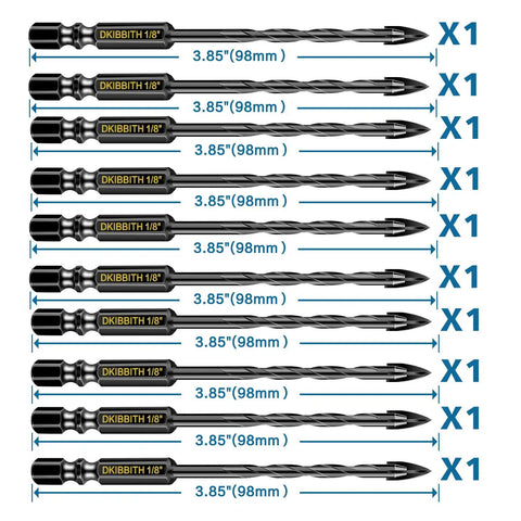 10 Piece 1/8 Inch Masonry Drill Bit Set With Cross Tungsten Carbide Tips And Hex Shank for tile, brick, glass, and more.