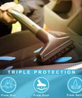Cleaning brush on waterproof car seat cover for baby and kids heavy duty seat protector to shield leather and cloth upholstery.