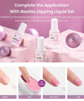 35 Piece Dip Powder Nail Kit Set With 20 Modern Muse Colors featuring base coat, top coat, and activator in use on nails.