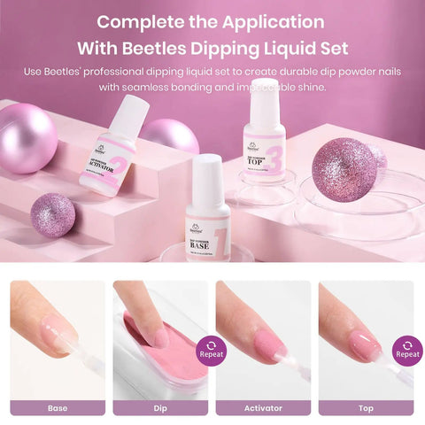 35 Piece Dip Powder Nail Kit Set With 20 Modern Muse Colors featuring base coat, top coat, and activator in use on nails.