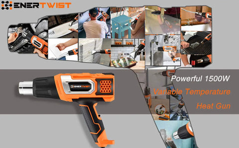 Hot Air Gun With 9 Temp Dial And 3 Fan Speeds, showing 1500W power, versatile for shrink wrapping, paint removal, and repairs