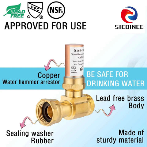 Water Hammer Arrestor For Washing Machine Three Quarter Inch Thread Copper Chamber Brass Body Low Lead Plumbing Fitting Easy Install Reduces Water Hammer And Noise Protects Your Washer Two Pack with labels highlighting copper chamber and lead-free brass.