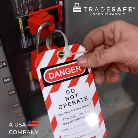 Heavy Duty Lockout Tagout Tags With Nylon Zip Ties Osha Compliant Danger Do Not Operate Signs applied to a locked breaker.