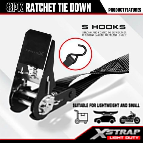Eight Pack 1 Inch Wide By 10 Foot Ratchet Tie Down Straps Heavy Duty With 900 Pound Break Strength And 300 Pound Working Load Limit Each