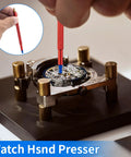 Watch Hands Repair Tool Kit With 5 Precision Hole Pusher Tools for hand alignment and setting on wristwatches, shown in use.