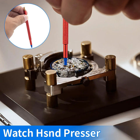 Watch Hands Repair Tool Kit With 5 Precision Hole Pusher Tools for hand alignment and setting on wristwatches, shown in use.