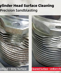 Before and after cylinder head surface cleaning with precision sandblasting showing oxidized vs. uniform finish.