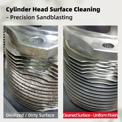 Before and after cylinder head surface cleaning with precision sandblasting showing oxidized vs. uniform finish.