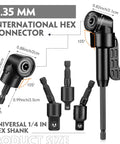 Must Have Pro Grade Flexible Drill Bit Extension Set With 105 Degree Right Angle Attachment and hex adapters sizes shown