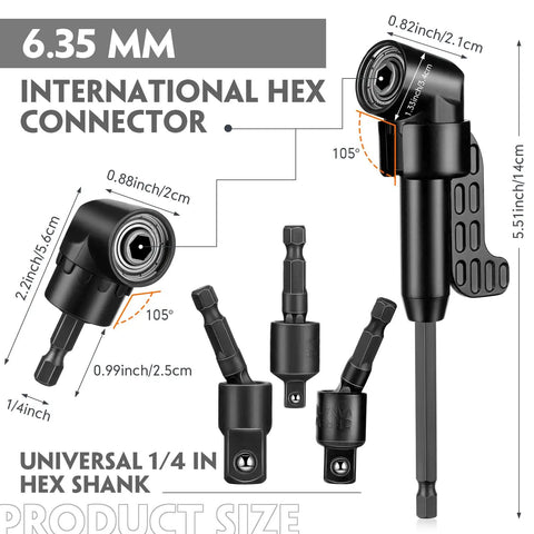 Must Have Pro Grade Flexible Drill Bit Extension Set With 105 Degree Right Angle Attachment and hex adapters sizes shown