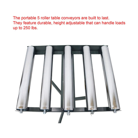 Five Roller Adjustable Conveyor Table with 250 lbs capacity showing top view with chrome plated rollers and height adjustable feature