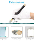 Pencil-style glass cutter with oil feed and carbide tip, held at 45° to cut glass, tiles, and mirrors