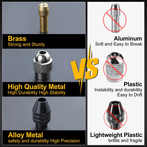 Material comparison for Keyless Rotary Drill Chuck Collet Set; brass and high-quality metal vs aluminum and plastic chucks.