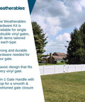 Heavy Duty Double Gate Hardware Kit For Outdoor Vinyl Fences Featuring Knockout Locking Latch, shown with durable handle and surrounding fence.