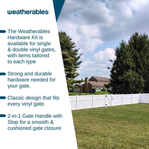 Heavy Duty Double Gate Hardware Kit For Outdoor Vinyl Fences Featuring Knockout Locking Latch, shown with durable handle and surrounding fence.