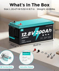 Beefy 12V 200Ah LiFePO4 Deep Cycle Battery With 2560Wh, shown with M8 terminal bolts and manual