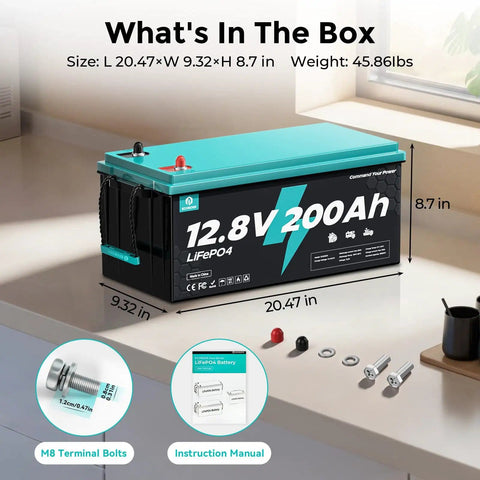 Beefy 12V 200Ah LiFePO4 Deep Cycle Battery With 2560Wh, shown with M8 terminal bolts and manual