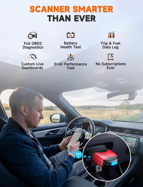 Driver using Bluetooth OBD2 Scanner For DIYers Fix Check Engine Light Pass Smog At Home Code Reader with live engine data.