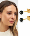 Dope Dainty Ball Stud Earrings Set For Women And Men, 3mm Tiny Black Hand Painted Enamel Color, Hypoallergenic Surgical Steel With 14K Gold Plated Option, Great For Second Piercings And Multiple Holes, Everyday Cute Jewelry, worn in ear