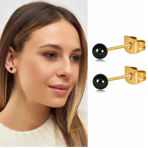 Dope Dainty Ball Stud Earrings Set For Women And Men, 3mm Tiny Black Hand Painted Enamel Color, Hypoallergenic Surgical Steel With 14K Gold Plated Option, Great For Second Piercings And Multiple Holes, Everyday Cute Jewelry, worn in ear
