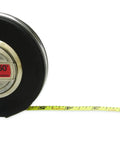 Three Eighths Inch By Fifty Foot Yellow Clad Tape Measure With Rugged Vinyl Case and visible metal hook, shown fully extended.