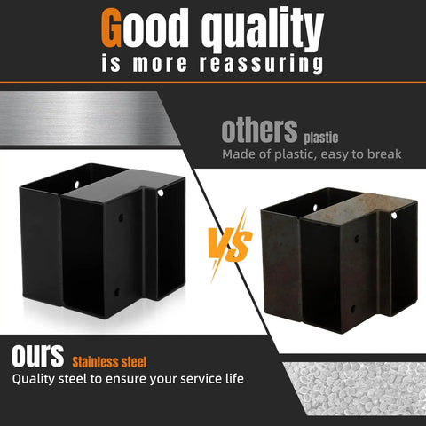 Comparison of black stainless steel bracket and plastic bracket for Beefy 8 Piece Workbench Bracket Kit With 64 Screws For DIY Work Table.