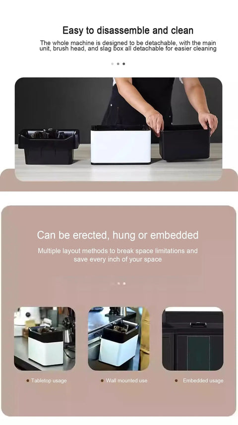 Electric Portafilter Cleaner With Zero Headache Grounds Knock Box for Espresso, showing detachable units in black and white.