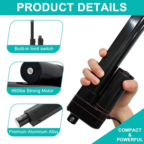 Beefy 24V Linear Actuator With 4 Inch Stroke, 660 Lbs Load, IP65 Waterproof shown being held, highlighting built-in limit switch.