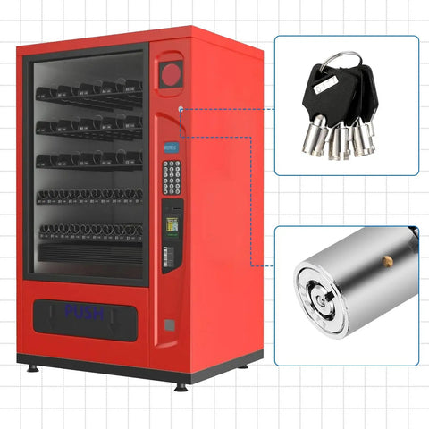 Vending Machine Tubular Lock Set With Cylinder Lock And 3 Keys shown with red snack machine and chrome lock
