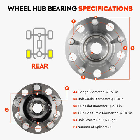 Rear Wheel Bearing And Hub Assembly For AWD And 4WD Vehicles Compatible With Jeep Compass Patriot 2007 2017 And Dodge Caliber 2007 2008 5 Lug ABS 25 Splines 512333 Heavy Duty Replacement 2Pcs specifications diagram