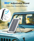 Two Pack 15W Solar Battery Maintainer with Smart Controller on car hood, 360° stand, waterproof 12V charger for automotive use