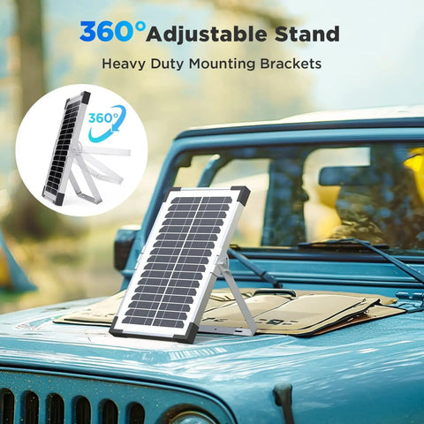 Two Pack 15W Solar Battery Maintainer with Smart Controller on car hood, 360° stand, waterproof 12V charger for automotive use