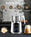 Front view of All In One Milk Frother And Steamer With Detachable Base Automatic Warm And Cold Foam Maker, 600 ml, white, on kitchen counter.