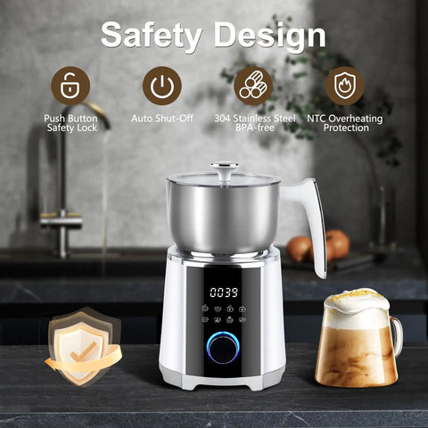 Front view of All In One Milk Frother And Steamer With Detachable Base Automatic Warm And Cold Foam Maker, 600 ml, white, on kitchen counter.