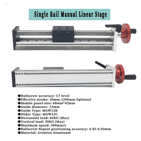 Manual Sliding Table With Ball Screw For Pro Grade Linear Motion 50 To 1000mm Stroke SFU1204 Ball Screw MGW12C Single Rail Guide Heavy Duty Precision Table For CNC Milling And Accurate Travel, aluminum