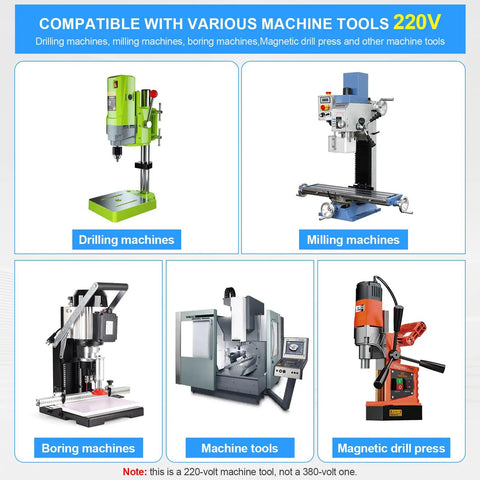Image of various machine tools compatible with 220V: drilling machines, milling machines, boring machines, and magnetic drill press.