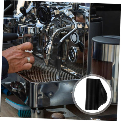 Person installing Heat Resistant Steam Pipe Sleeve Replacement Kit on coffee maker steam wand with product close-up inset.