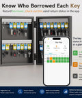 Open view of a 32 Key Lock Box For Home, Office, And Garage, Wall Mount Key Cabinet With Management System, Magnetic Door And Tag Labels with phone app displayed.