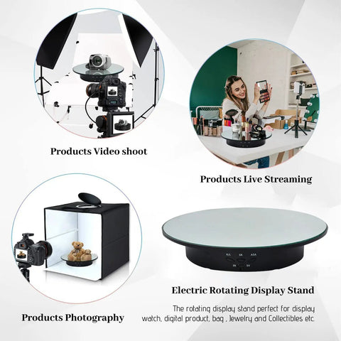 Qinmay 360 Degree Rotating Display Stand With Remote Control And Five PVC Backgrounds For ECommerce Product Photography Shoots battery powered rotating display for product videos and photography.