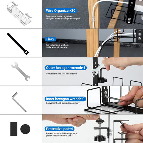Wire and tools for 2 Pack Under Desk Cable Management Tray With No Drill C Clamp Easy Install High Capacity 15 7 Inch Long Wire Organizer Rack